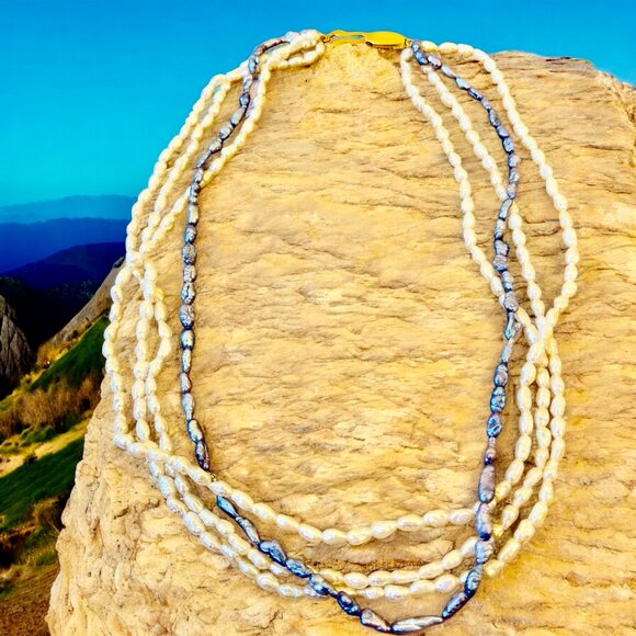 Vintage Fresh Water Pearl Necklace 3 Strands White & Blue Sterling Silver Clasp - Picture 2 of 10